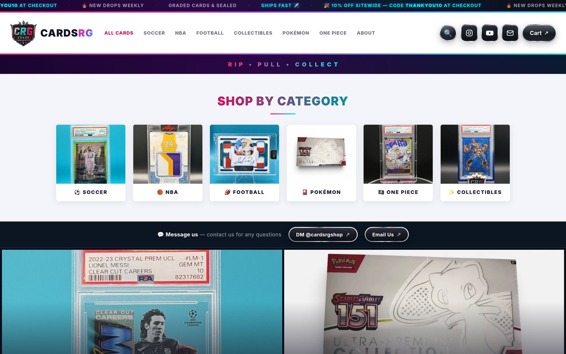 A full screen of the CardsRG storefront: promo bar, CRG shield logo, category nav, cart, and the Shop by category grid of graded cards