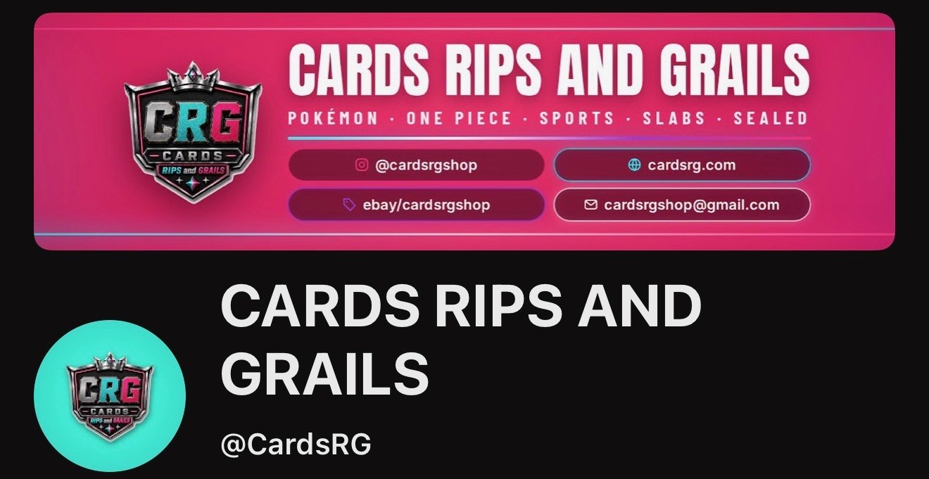 The new CardsRG channel banner in shop pink, listing Pokemon, One Piece, sports, slabs and sealed, with Instagram, eBay, cardsrg.com and email