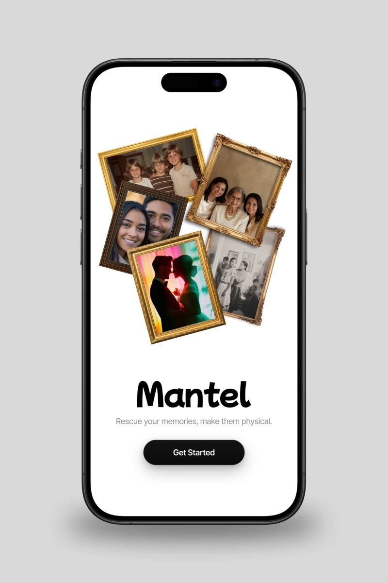 Mantel app welcome screen on a phone: a cluster of gold framed family photos, the Mantel wordmark, the line Rescue your memories, make them physical, and a Get Started button