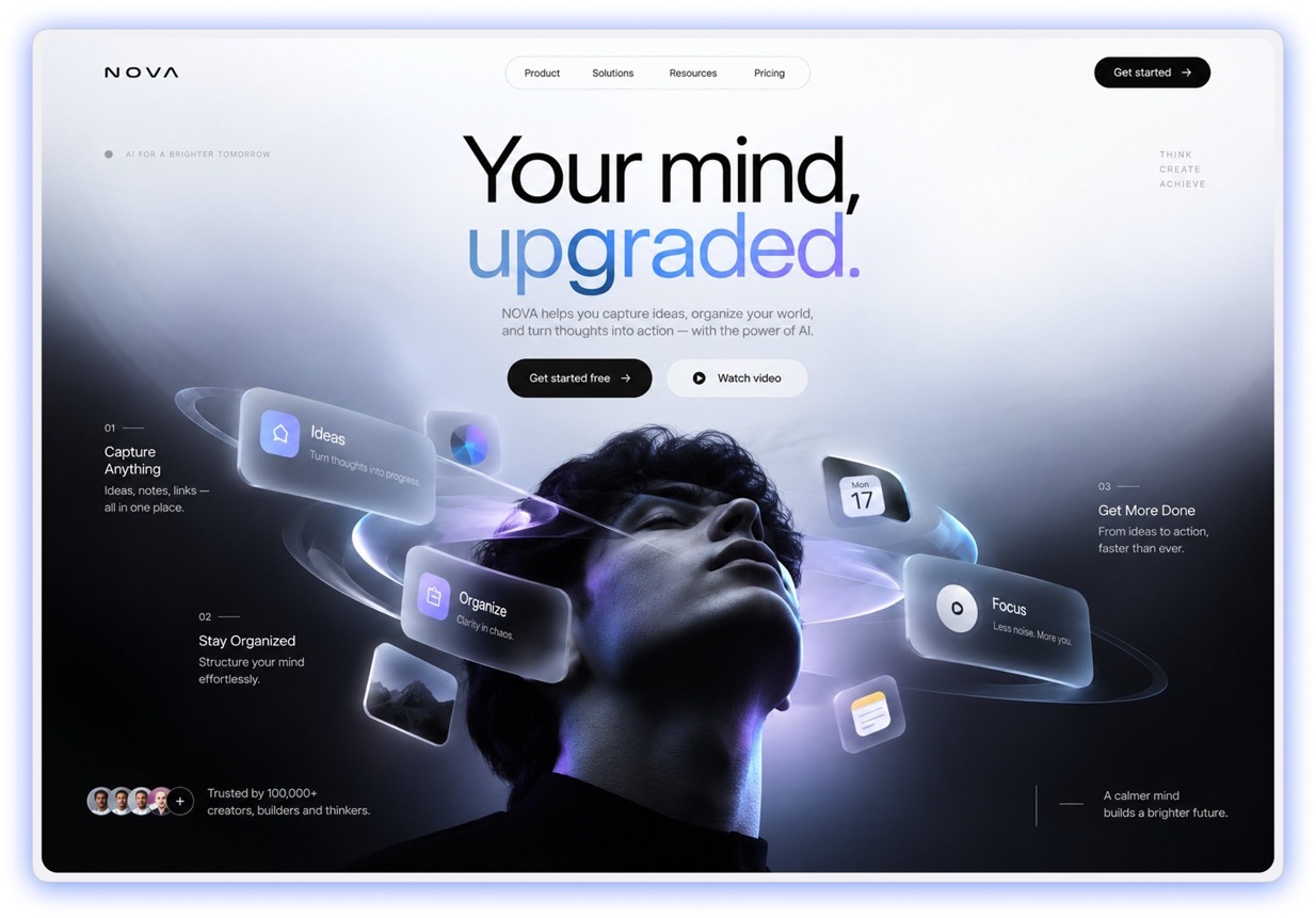 NOVA landing page: the headline Your mind, upgraded in black and blue over a portrait lit from below, with glass feature cards for Ideas, Organize and Focus orbiting the figure, a Get started free button and a trusted-by row